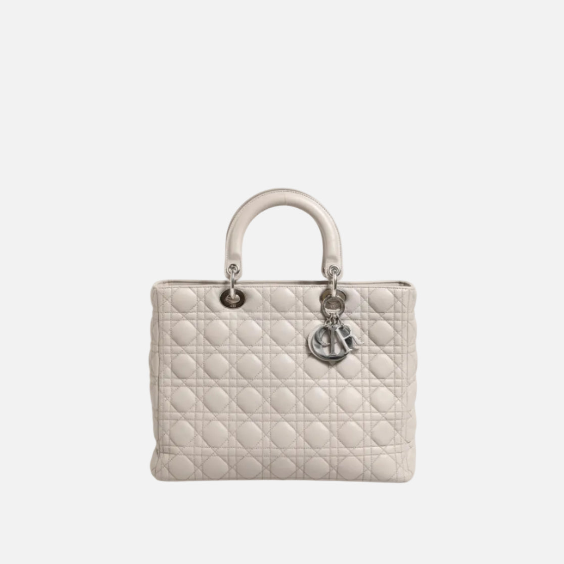 Christian Dior Lady Dior Stor Grå Cannage Handväska I Läder