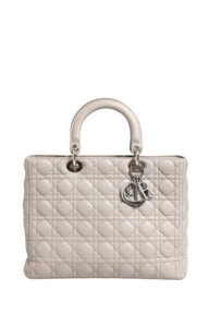 Christian Dior Lady Dior Stor Grå Cannage Handväska I Läder