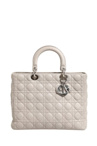 Christian Dior Lady Dior Stor Grå Cannage Handväska I Läder