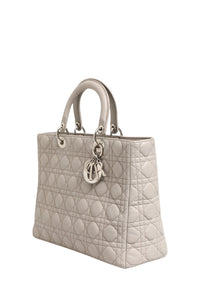 Christian Dior Lady Dior Stor Grå Cannage Handväska I Läder