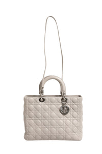 Christian Dior Lady Dior Stor Grå Cannage Handväska I Läder