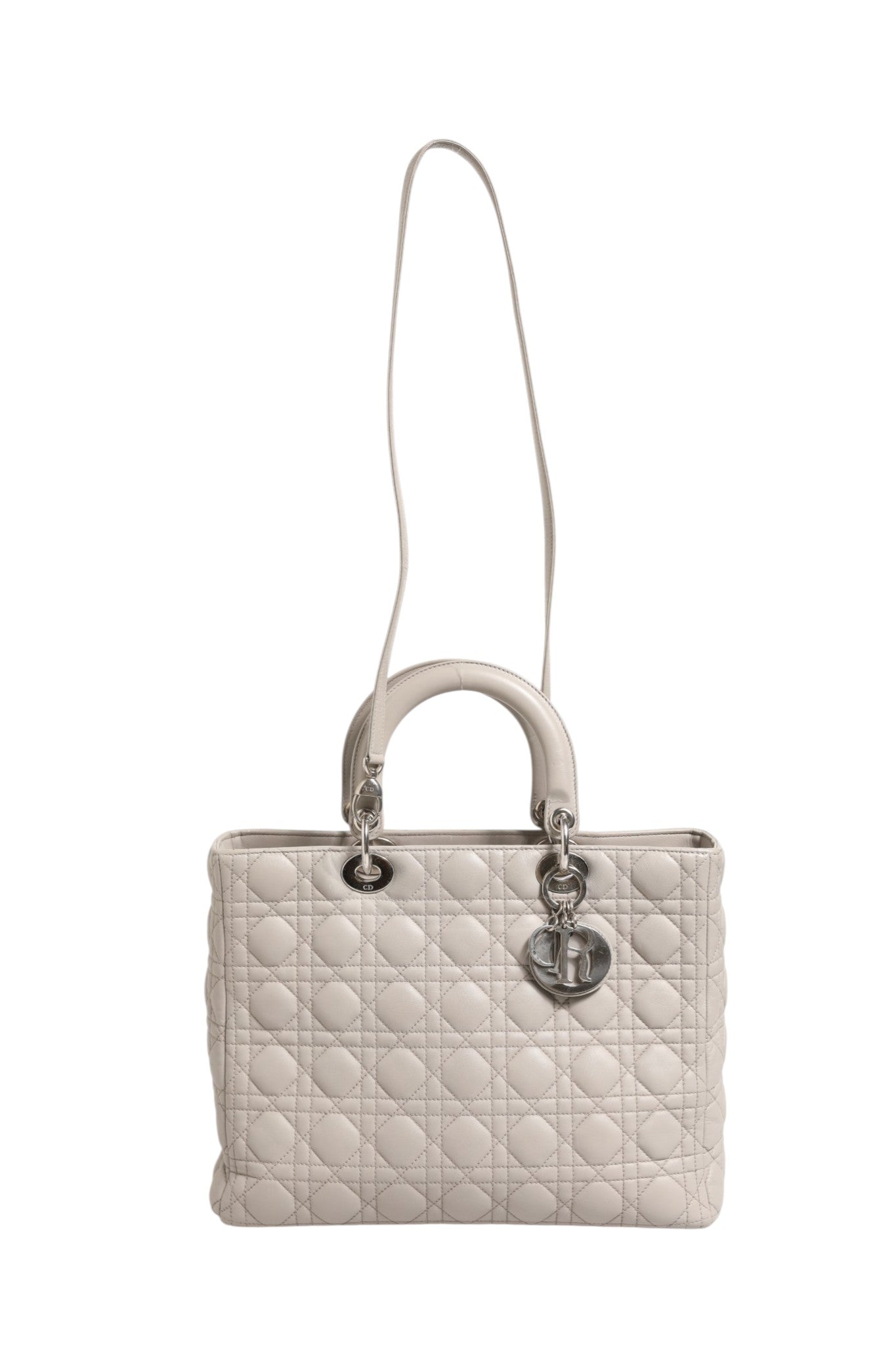 Christian Dior Lady Dior Stor Grå Cannage Handväska I Läder